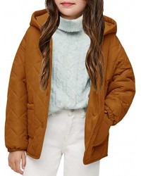Orange Girls Button Down Quilted Coat Kids Hooded Puffer Jacket Windbreaker with Pockets