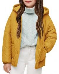 Yellow Girls Button Down Quilted Coat Kids Hooded Puffer Jacket Windbreaker with Pockets