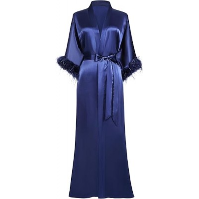 Satin Kimono Robe Long Silky Bath Robe with Ostrich Feather Trim Sleepwear 