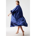 Satin Kimono Robe Long Silky Bath Robe with Ostrich Feather Trim Sleepwear 