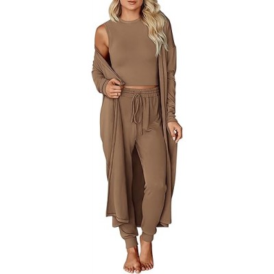 Women's Fall 3 Piece Outfits Casual Long Sleeve Long Cardigan Sleeveless Crop Top Drawstring Pants Lounge Sets